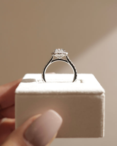 luxury oval halo cathedral pavé engagement ring USA