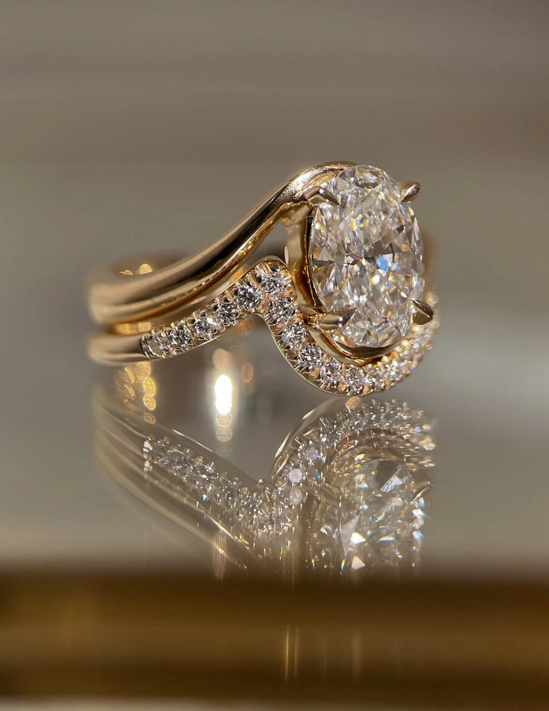 Oval Lab Diamond Tension Style Ring With Elegant Matching Band