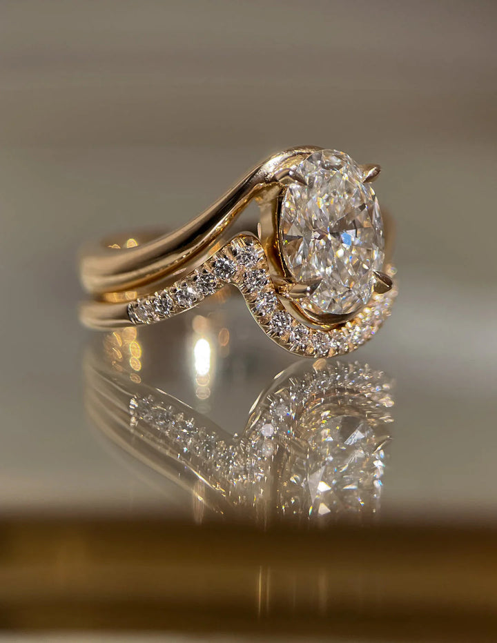 Oval Lab Diamond Tension Style Ring With Elegant Matching Band