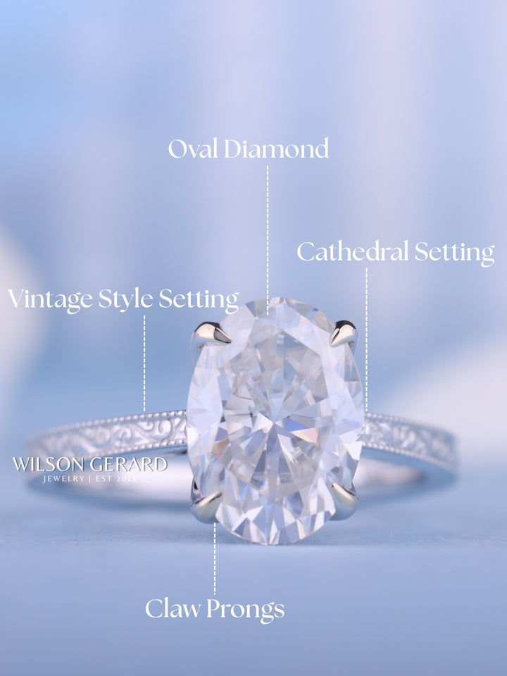 2.0CT Oval E/VS1 Lab Grown Diamond Cathedral Vintage Style Engagement Rings