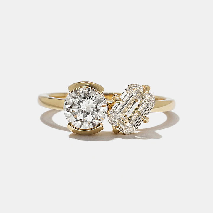 0.80CT Bezel Set Round & Emerald Lab Grown Diamond Toi Et Moi Engagement Ring