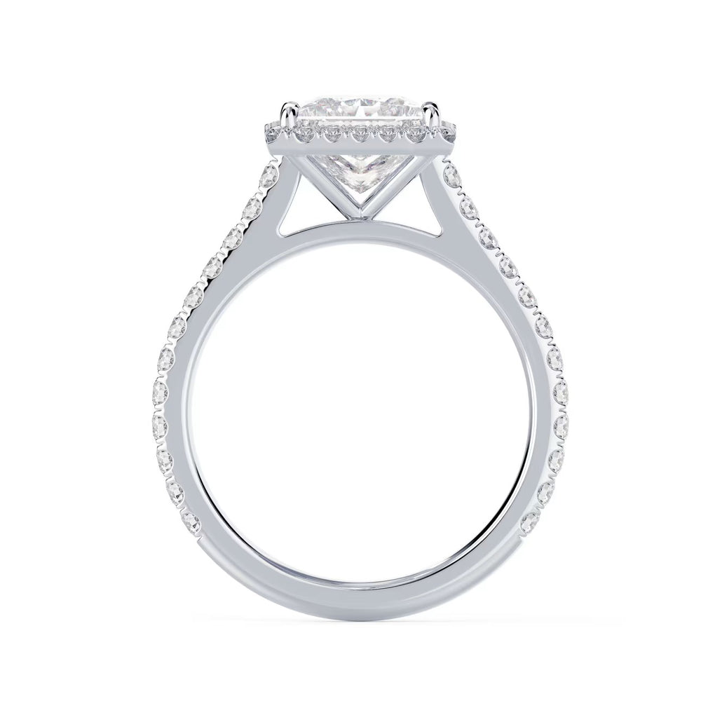 Close-up of a princess cut lab diamond halo cathedral pave engagement ring showcasing geometric sparkle and halo details