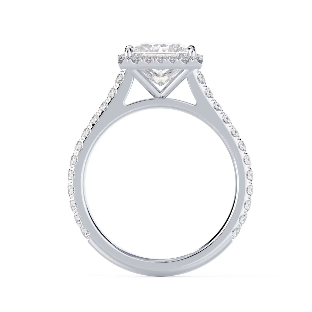 Close-up of a princess cut lab diamond halo cathedral pave engagement ring showcasing geometric sparkle and halo details