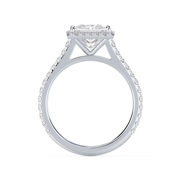 Close-up of a princess cut lab diamond halo cathedral pave engagement ring showcasing geometric sparkle and halo details