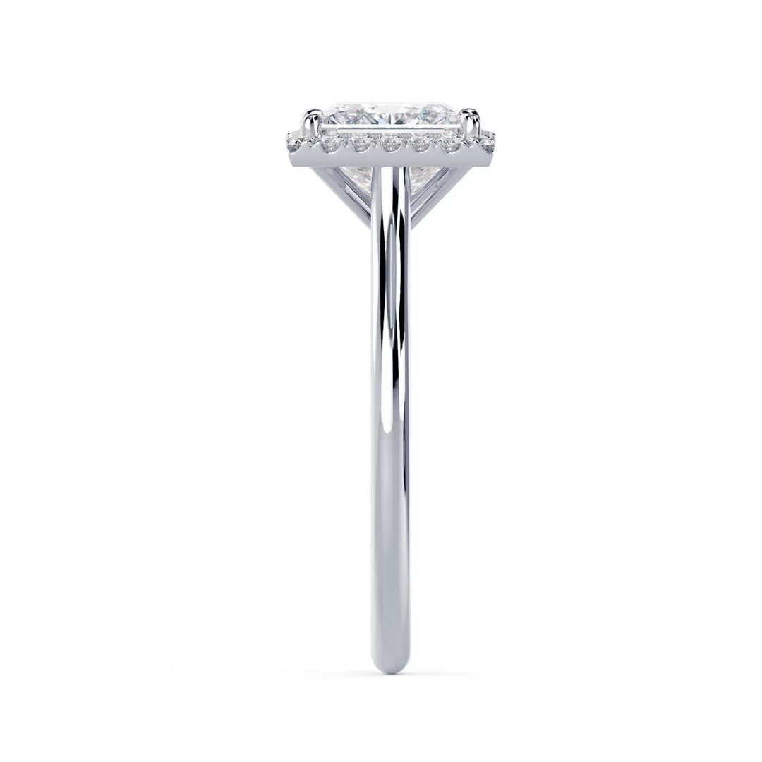 Close-up of a princess cut lab grown diamond halo solitaire engagement ring highlighting precise halo framing and sparkle