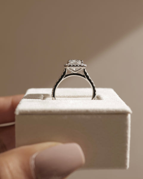 radiant cut halo cathedral engagement ring with pavé band USA