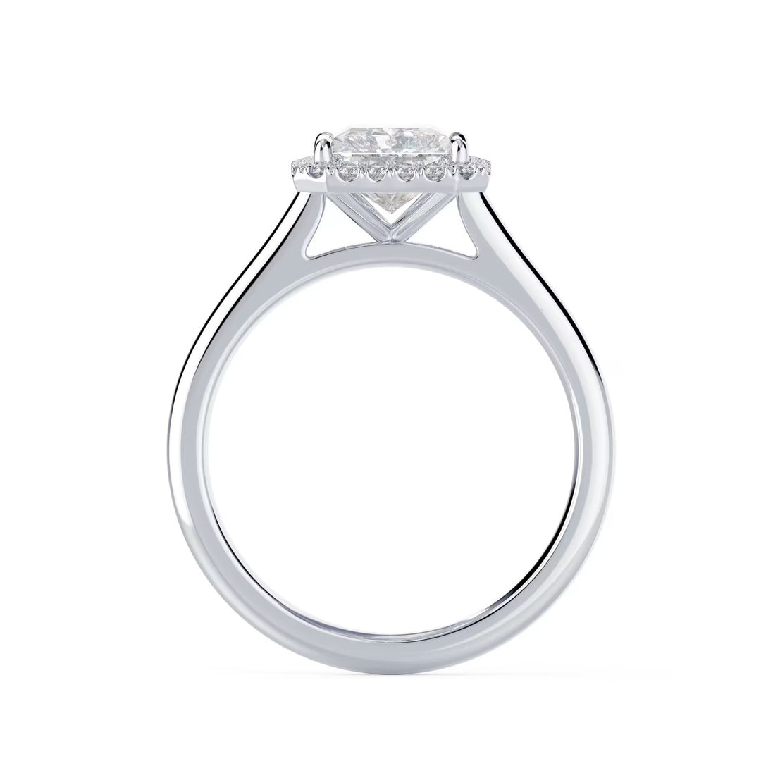 Top view of a radiant cut lab grown diamond halo solitaire engagement ring showing balanced halo design and center stone brilliance