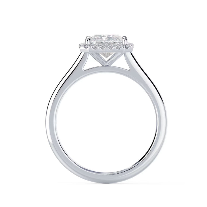 Top view of a radiant cut lab grown diamond halo solitaire engagement ring showing balanced halo design and center stone brilliance