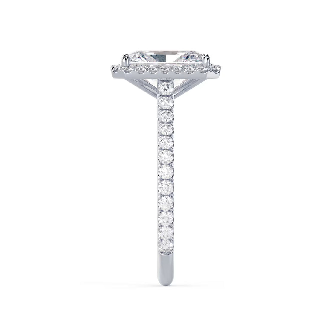 Side profile of a radiant cut lab grown diamond halo cathedral pave engagement ring showing raised cathedral setting