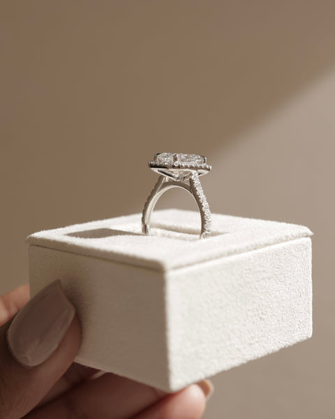 luxury radiant halo cathedral pavé engagement ring USA