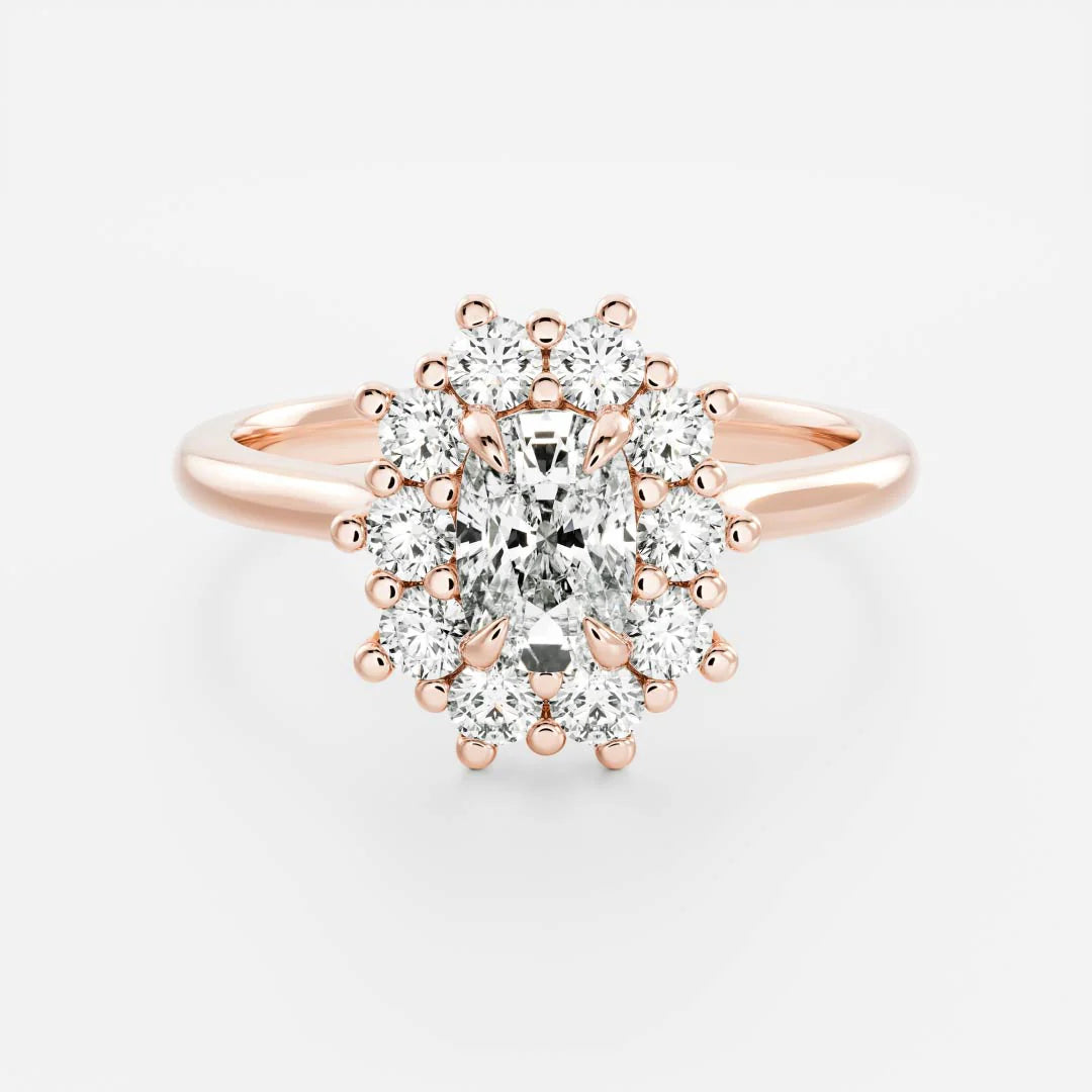 1.0ct Elongated Cushion Cut Halo Cathedral Diamond Engagement Ring
