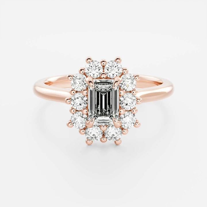 1.0ct Emerald Cut Halo Cathedral Diamond Engagement Ring