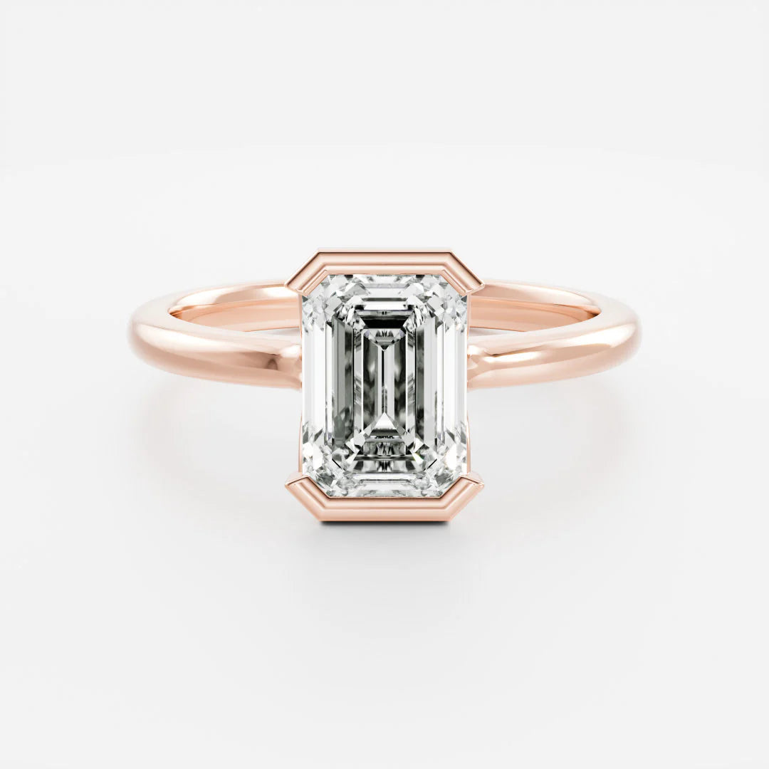 2.0CT Half Bezel Set Emerald Cut Lab Grown Diamond Solitaire Engagement Ring