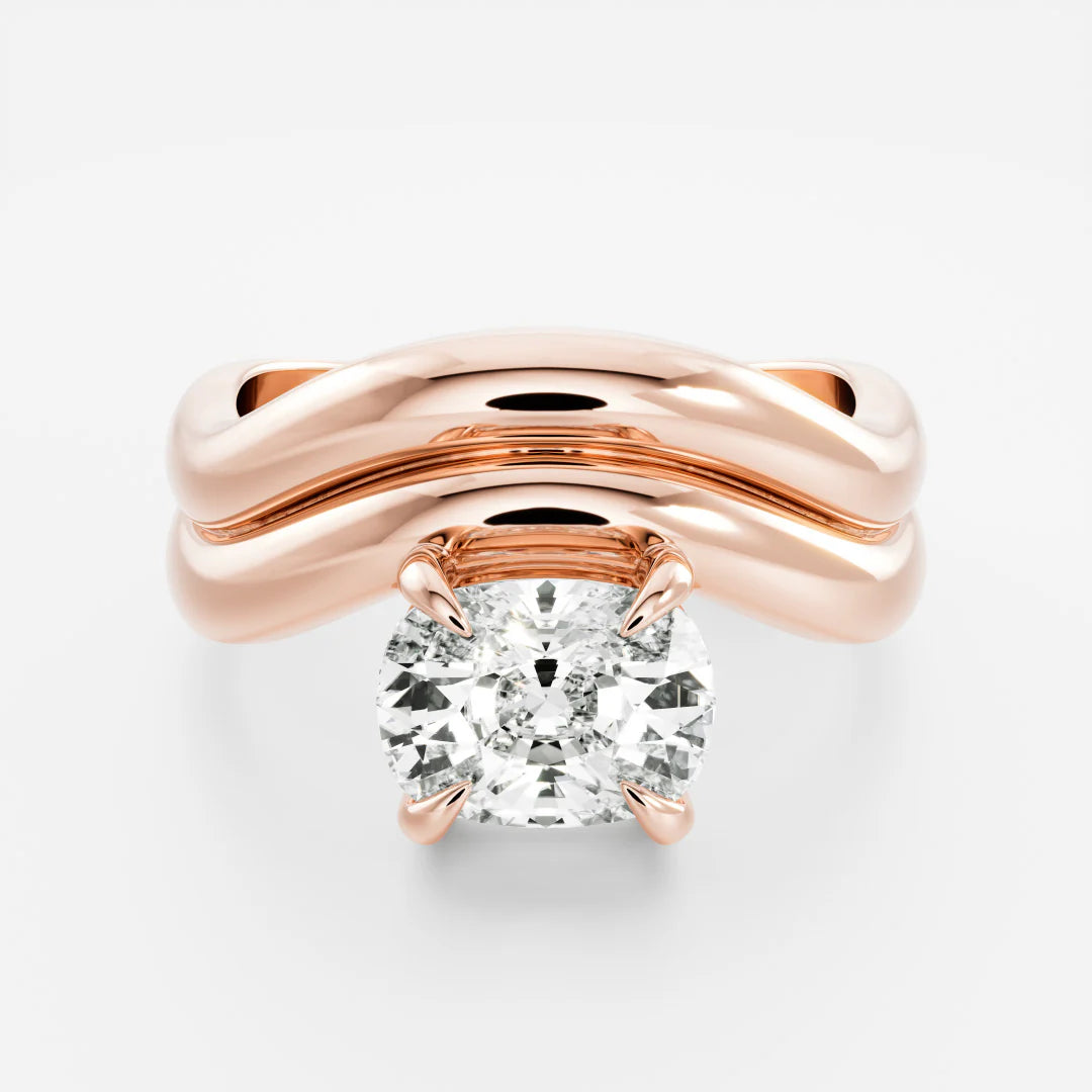 1.0ct Elongated Cushion Cut Double Curved Solitaire Band Unique Engagement Ring