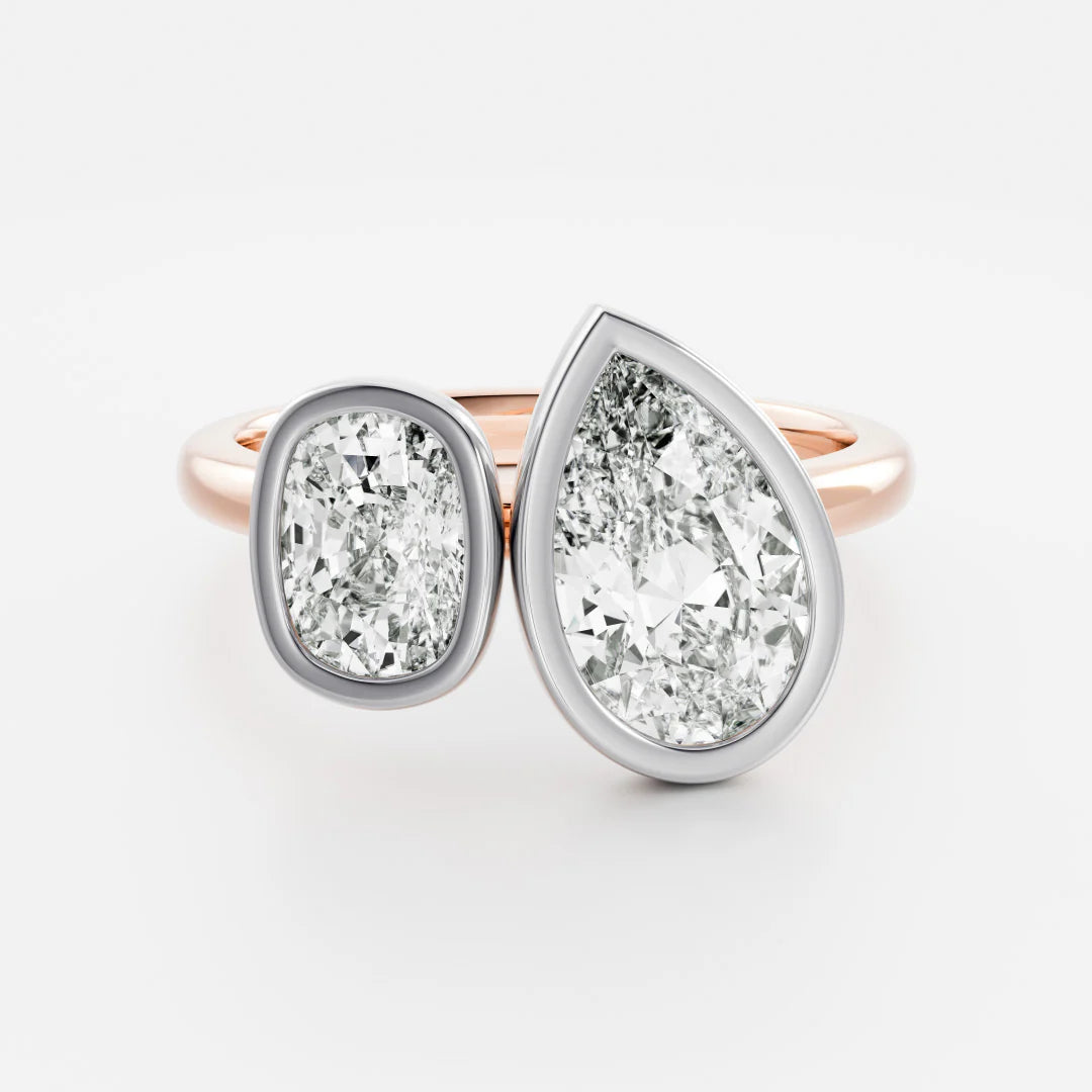 1.0CT Bezel Set Pear & Elongated Cushion Cut CVD Diamond Toi Et Moi Engagement Ring