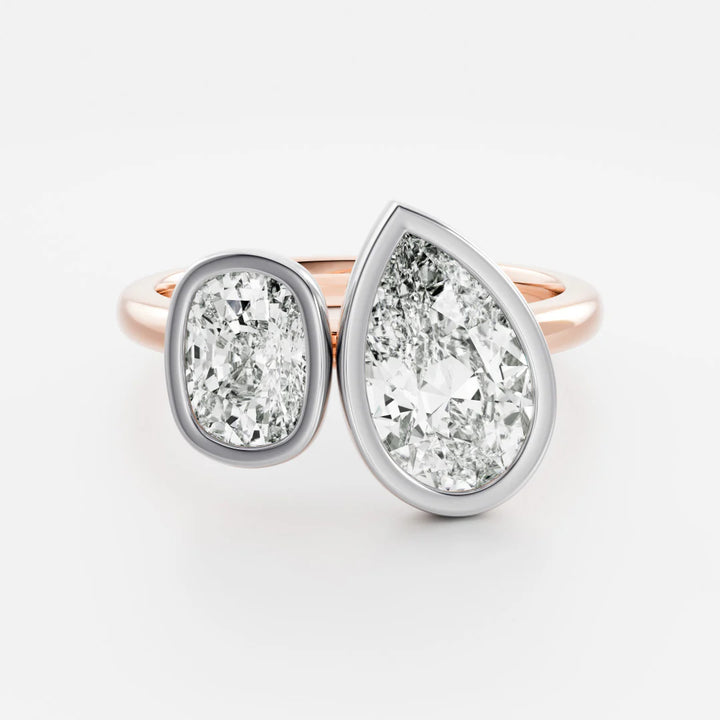 1.0CT Bezel Set Pear & Elongated Cushion Cut CVD Diamond Toi Et Moi Engagement Ring