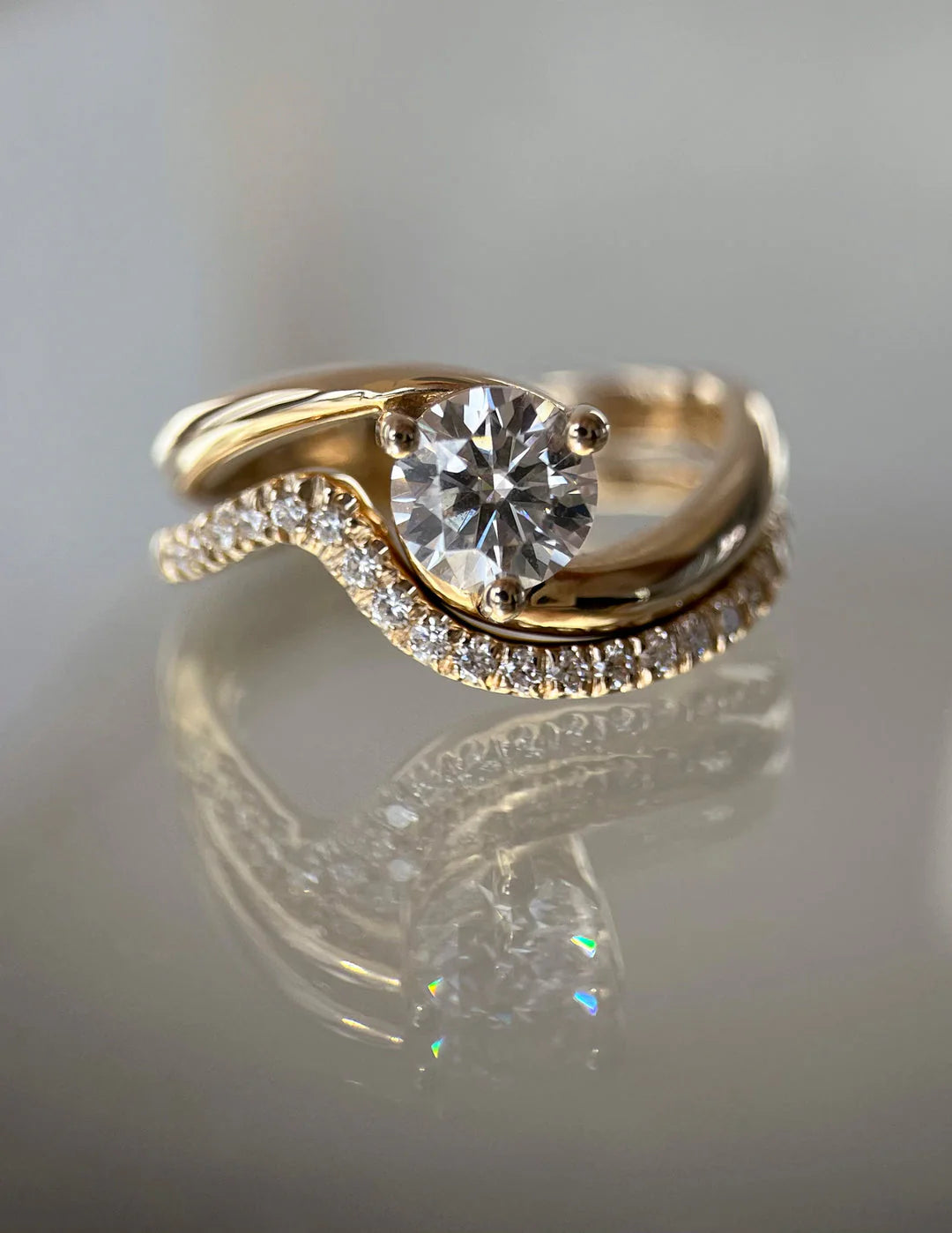 0.50CT-1.50CT Round E/VS CVD Diamond By Pass Engagement Dream Ring With Matching Band