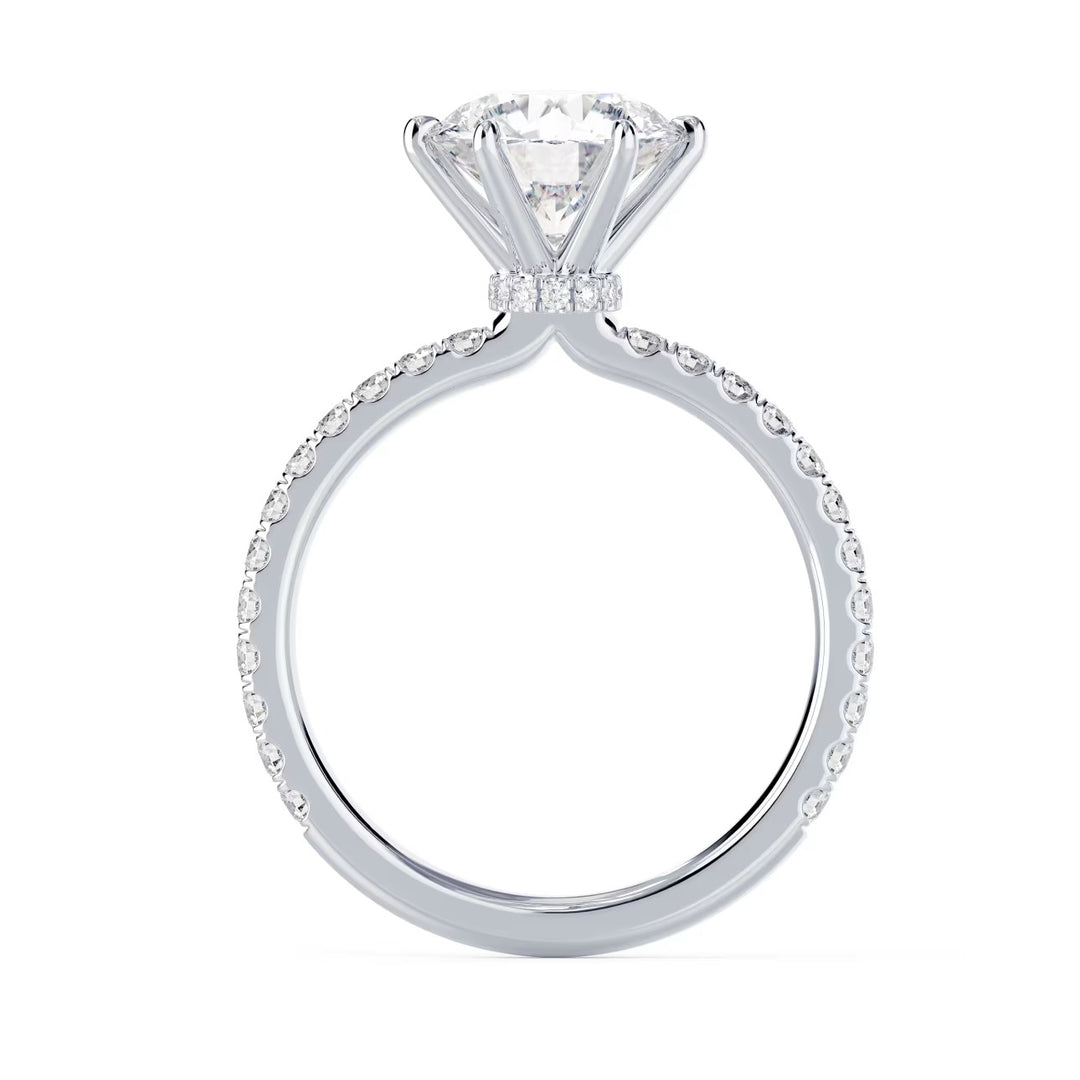 Top view of a round cut lab grown diamond hidden halo pave engagement ring showcasing symmetry and pavé band detail