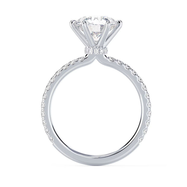 Top view of a round cut lab grown diamond hidden halo pave engagement ring showcasing symmetry and pavé band detail