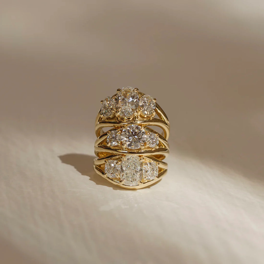 IGI certified round three stone split shank ring USA