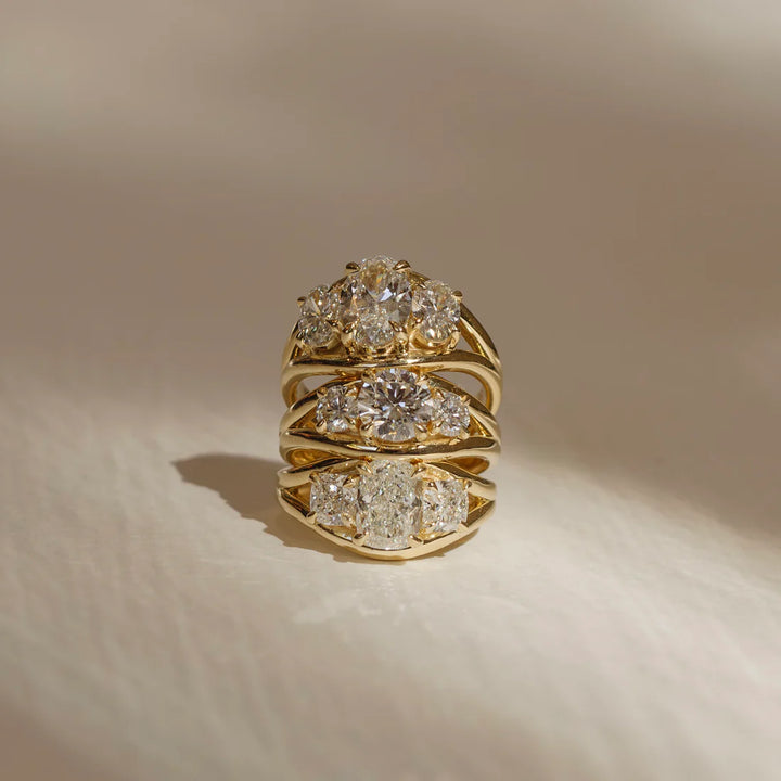 IGI certified round three stone split shank ring USA