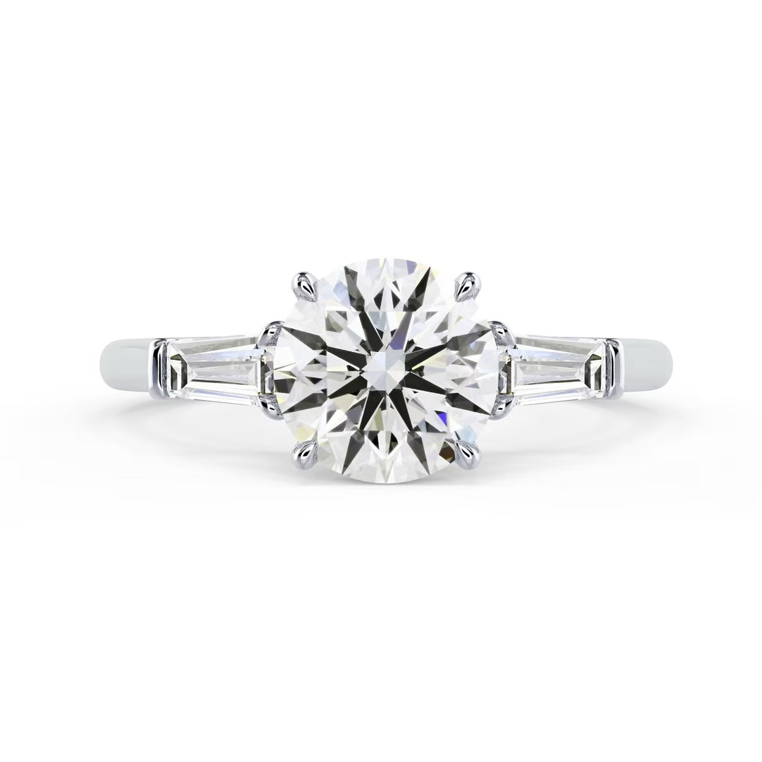 1.5 carat round three stone baguette engagement ring lab grown diamond E VS2 USA