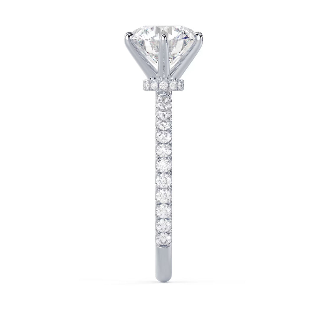 Side profile of a round cut lab grown diamond hidden halo pave engagement ring showing hidden halo beneath center stone