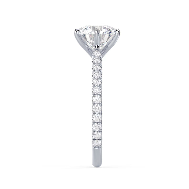 Side profile of a round cut lab diamond six prong cathedral pave engagement ring showing raised cathedral architecture