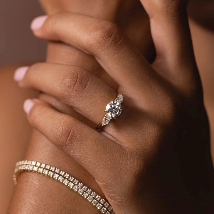 delicate round three stone engagement ring lab grown diamond USA