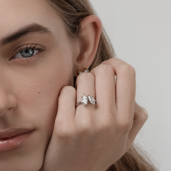 1.0CT Marquise Cut IGI Certified CVD Diamond Toi Et Moi Engagement Ring