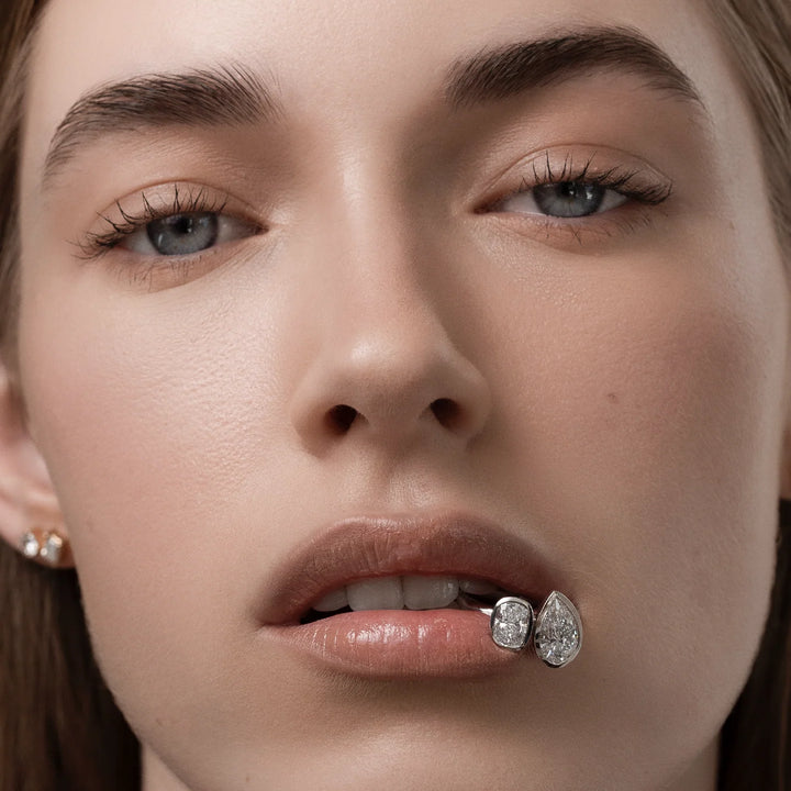 1.0CT Bezel Set Pear & Elongated Cushion Cut CVD Diamond Toi Et Moi Engagement Ring