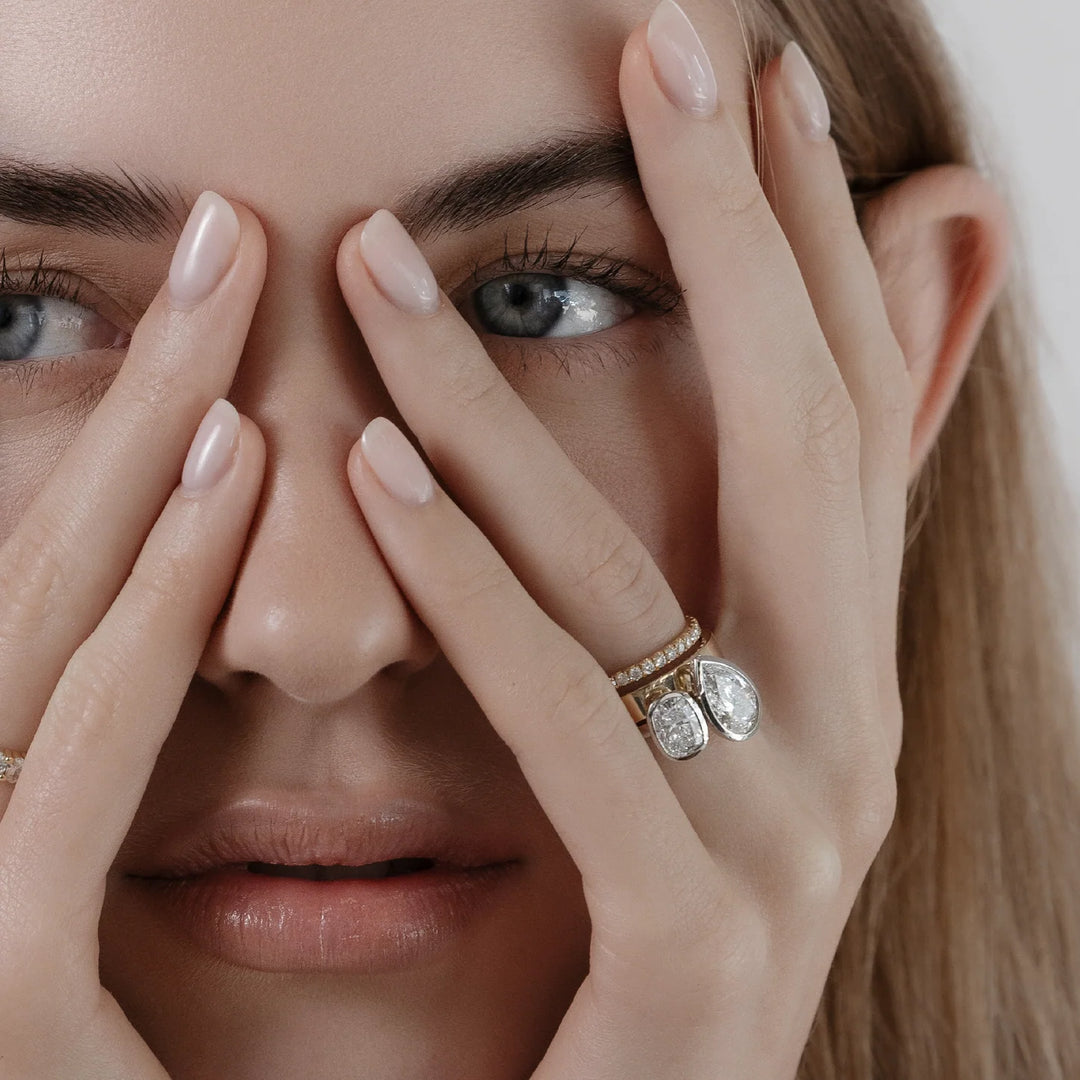 1.0CT Bezel Set Pear & Elongated Cushion Cut CVD Diamond Toi Et Moi Engagement Ring