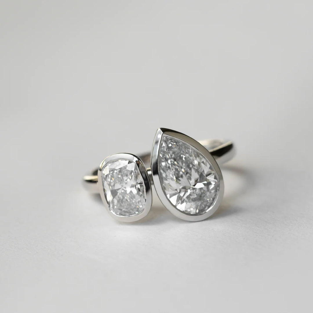 1.0CT Bezel Set Pear & Elongated Cushion Cut CVD Diamond Toi Et Moi Engagement Ring