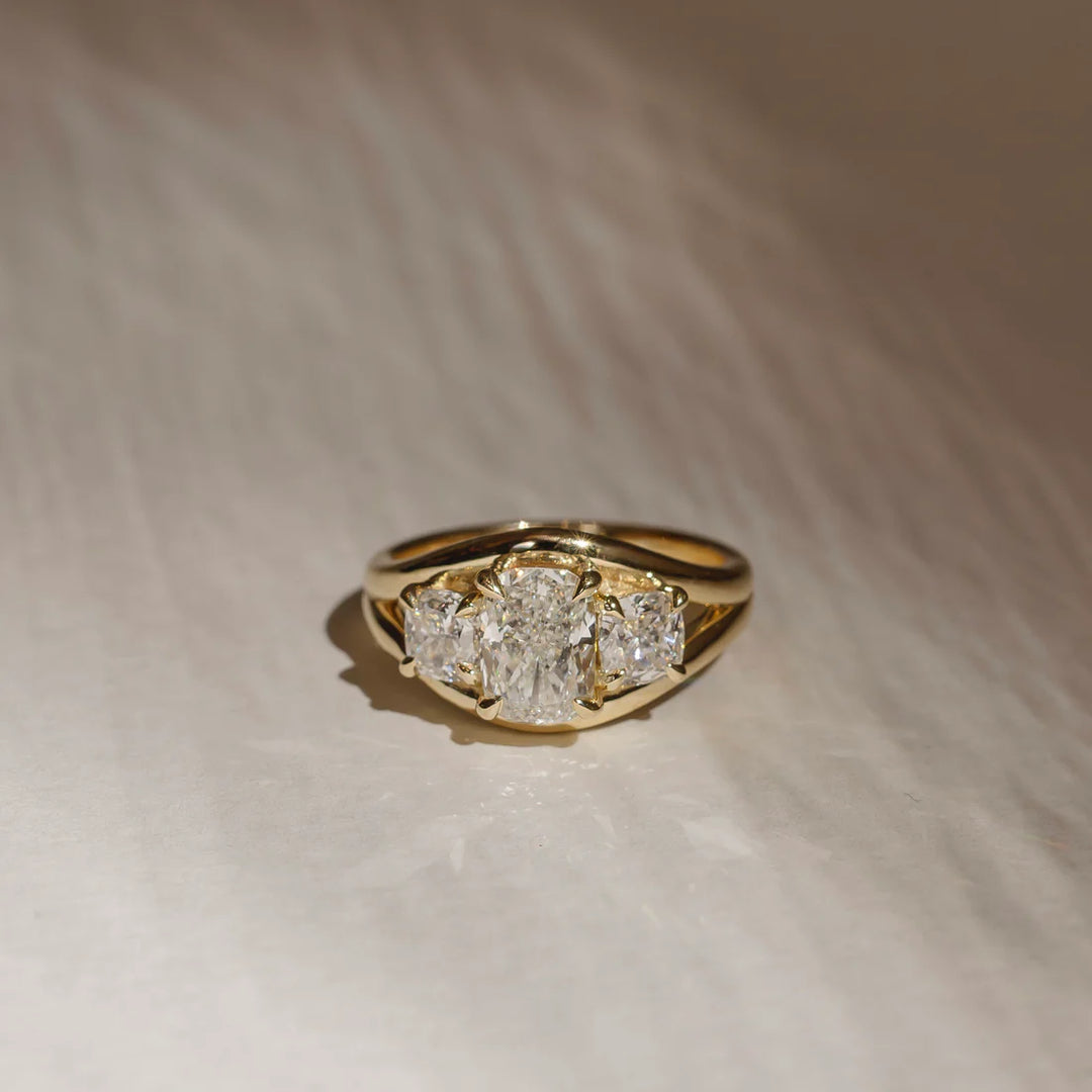 1.0ct Elongated Cushion Cut Three Stone Split Shank Unique Diamond Engagement Ring