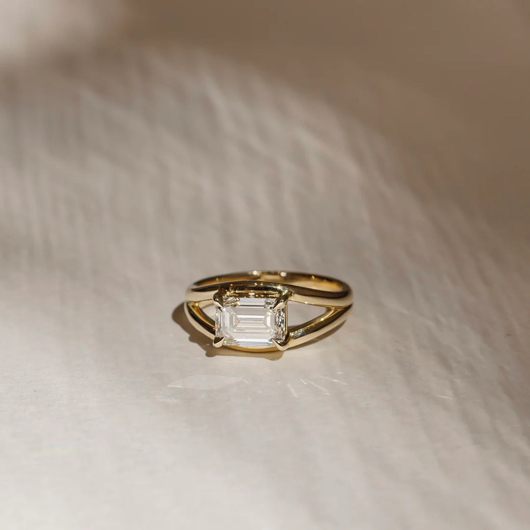 2.0ct Emerald East West Cut Split Shank Unique Diamond Engagement Ring