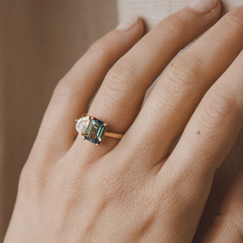 Green Emerald and Pear Diamond Ring