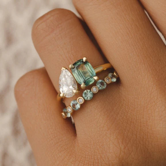 2.0CT Green Cushion & Pear Lab Diamond Toi Et Moi Bridal Ring Set