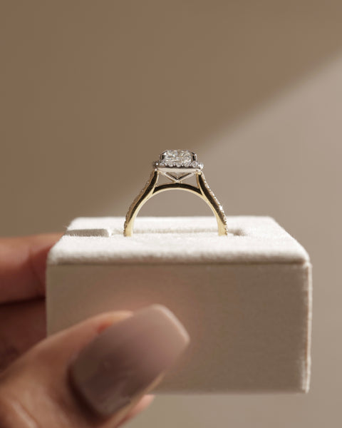 Cushion halo cathedral pavé lab diamond engagement ring designed for USA bridal trends elegant modern aesthetic