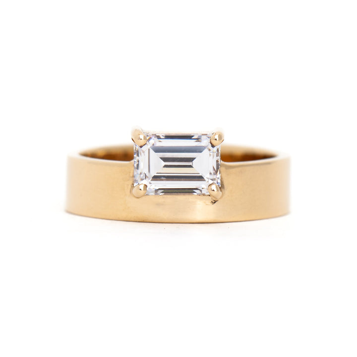 East west emerald cut lab grown diamond monolith engagement ring designed for USA bridal jewelry trends modern style