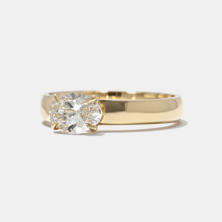 East west oval lab grown diamond cigar band solitaire engagement ring designed for USA bridal modern minimalist style