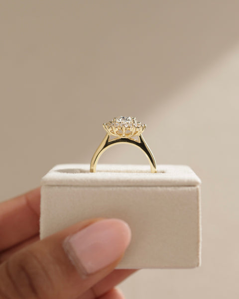 Oval halo cathedral lab diamond engagement ring designed for USA bridal trends elegant and modern aesthetic