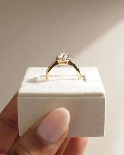 Pear halo pavé lab diamond engagement ring designed for USA bridal trends romantic and modern aesthetic