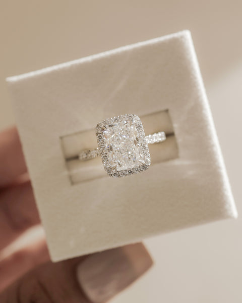 Radiant halo pavé lab diamond engagement ring designed for USA bridal trends modern elegant aesthetic