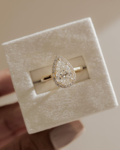 Round cut lab diamond halo pavé engagement ring inspired by popular USA bridal jewelry trends and styles