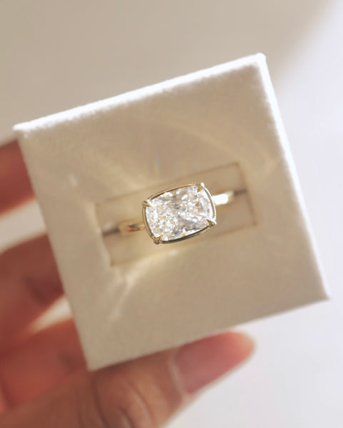 Bezel set elongated cushion lab diamond east west engagement ring inspired by current USA bridal jewelry trends