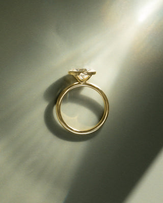 Bezel set oval lab grown diamond east west engagement ring inspired by popular USA bridal jewelry trends