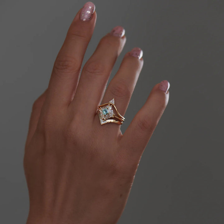 Half moon lab diamond engagement ring with teal sapphire designed for USA alternative bridal jewelry trends