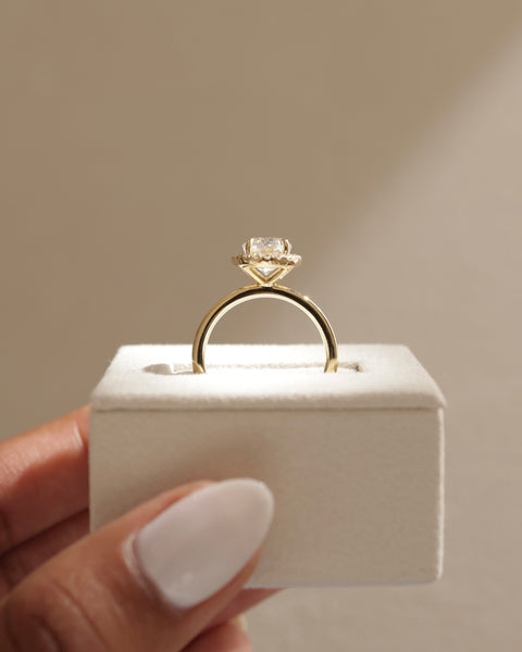 Oval lab grown diamond halo solitaire engagement ring inspired by popular USA bridal jewelry trends and preferences