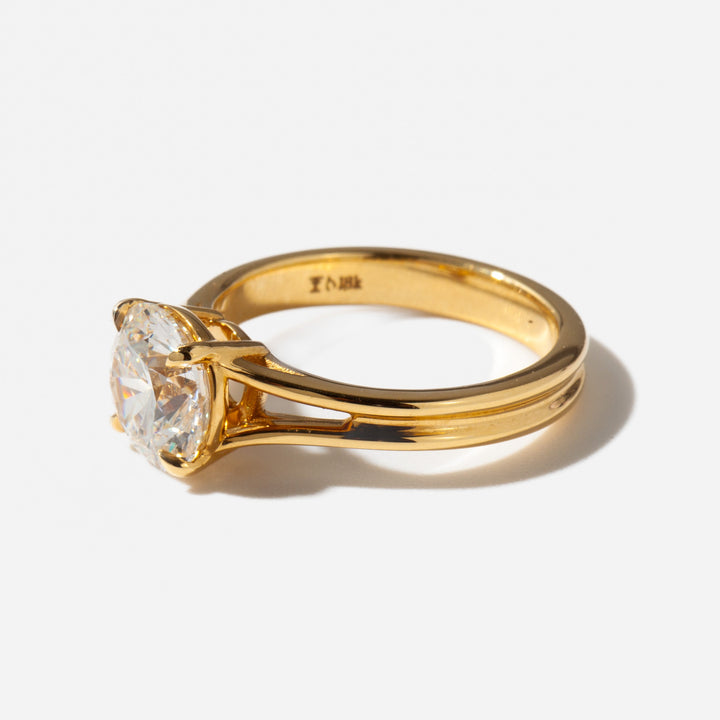 Round lab grown diamond split shank engagement ring designed for USA buyers seeking a contemporary bridal look