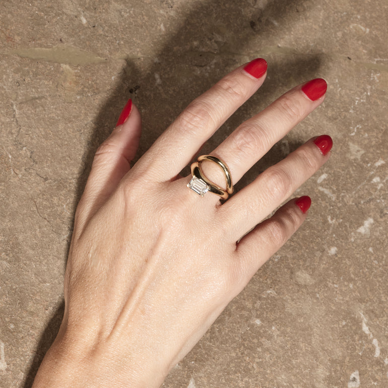 1.0ct Emerald Cut East West Diamond Curved Unique Engagement Ring